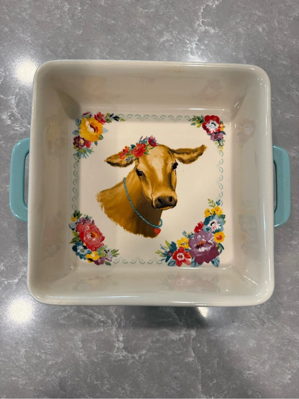 Pioneer Woman Cow Stoneware Square Baking Dish Casserole Pan Floral 9x9